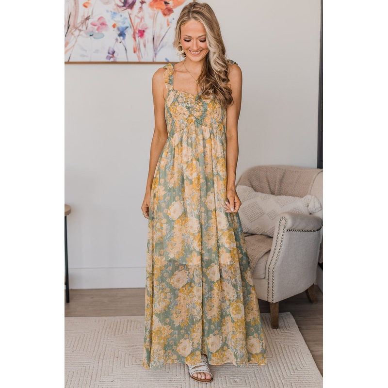 Staying True Floral Maxi Dress- Dark Sage & Yellow