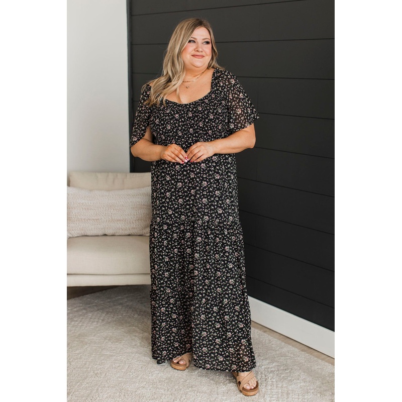 Feel The Music Floral Maxi Dress- Black