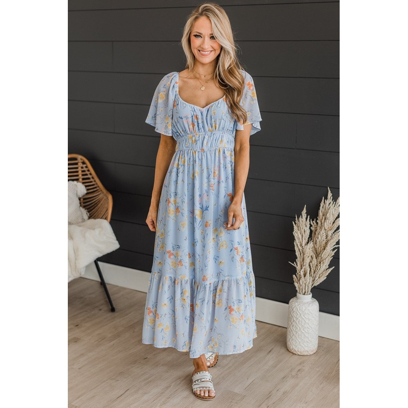 Dance It Out Floral Midi Dress- Light Blue