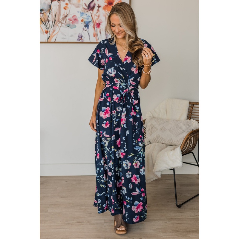 Floral Flair Maxi Dress- Navy