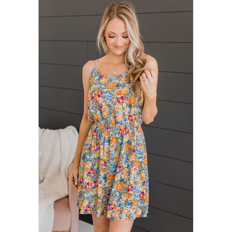 Island Getaway Floral Dress- Royal Blue
