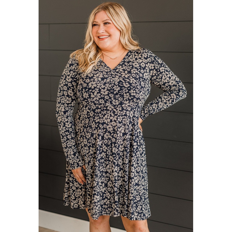 Yours Forevermore Floral Dress- Dark Navy