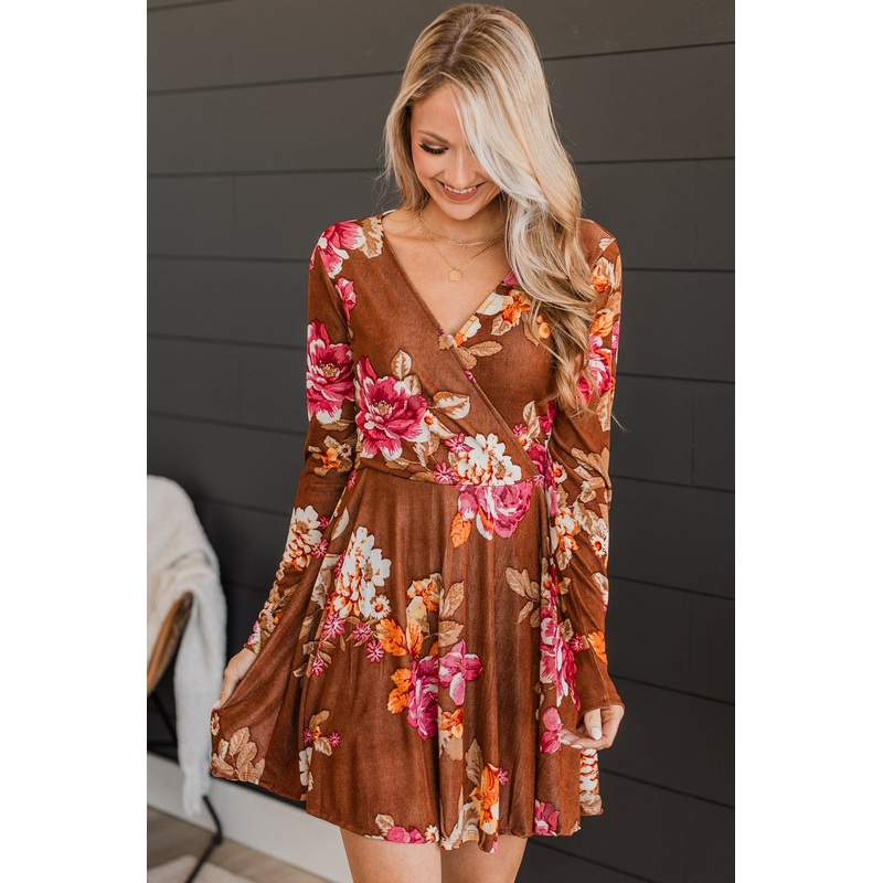 Crowded Affair Floral Dress- Brown