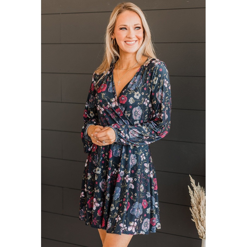 Living Easy Long Sleeve Floral Dress- Navy