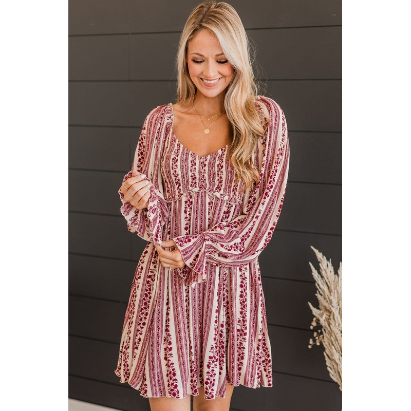 Time To Dance Floral Dress- Burgundy