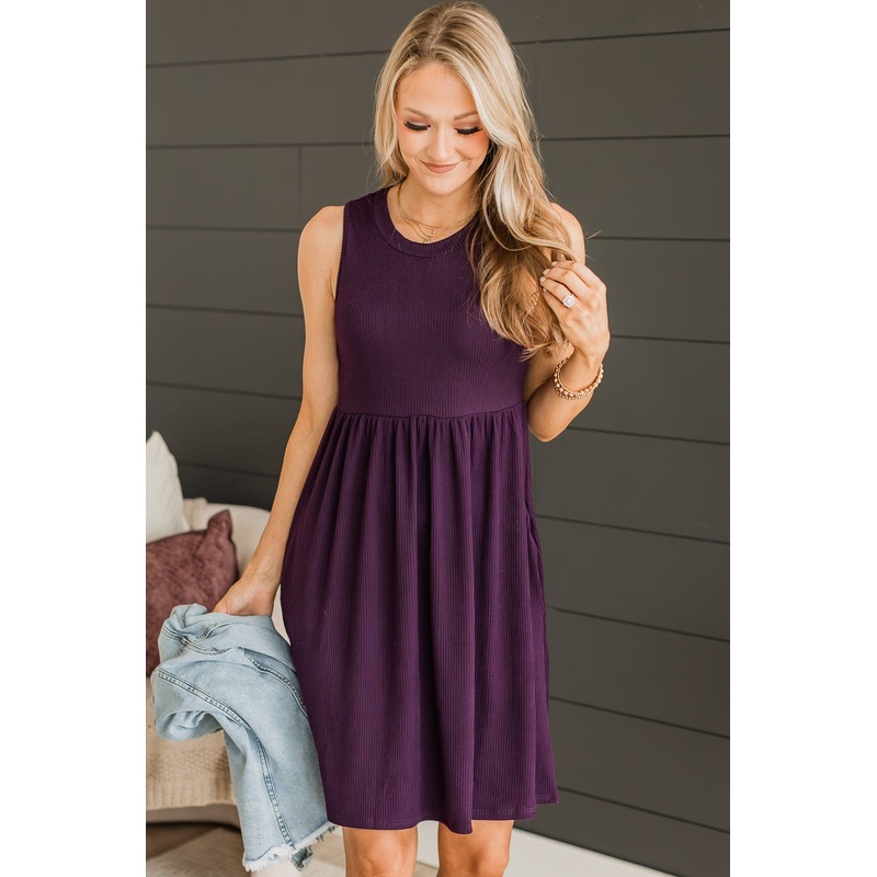Sought After Ribbed Knit Dress- Deep Plum