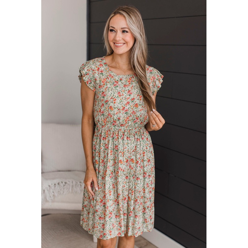 Think It Through Floral Dress- Light Sage