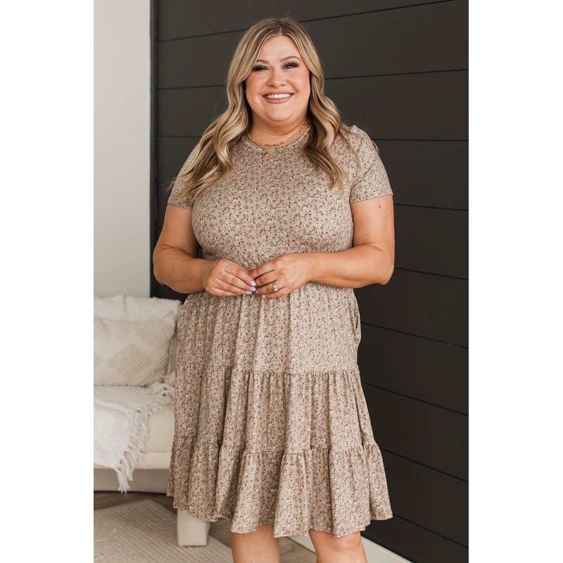 No Rainy Days Floral Tiered Dress- Taupe & Pink