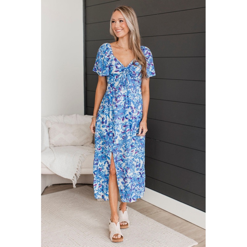 Let's Go Dancing Floral Midi Dress- Royal Blue & Ivory