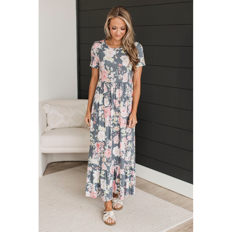One Last Look Floral Maxi Dress- Charcoal & Pink
