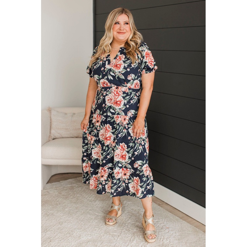 All I'm looking For Floral Midi Dress- Dark Navy