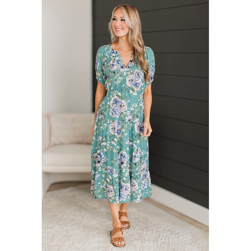 All I'm looking For Floral Midi Dress- Deep Seafoam