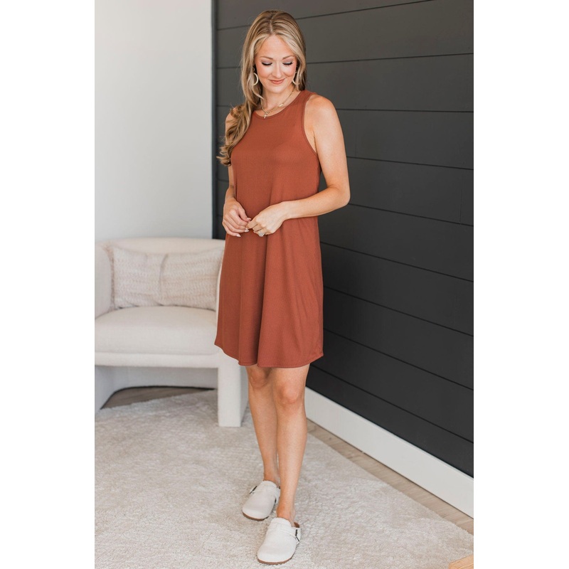 Sweeten The Day Ribbed Dress- Rust