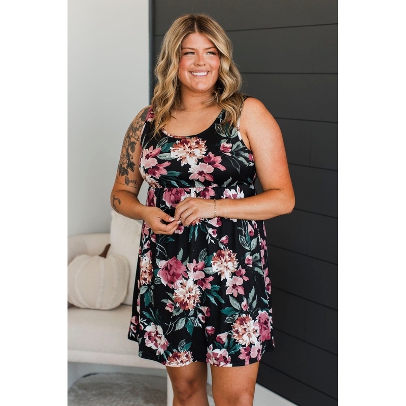 Compass To Your Heart Floral Dress- Black & Burgundy