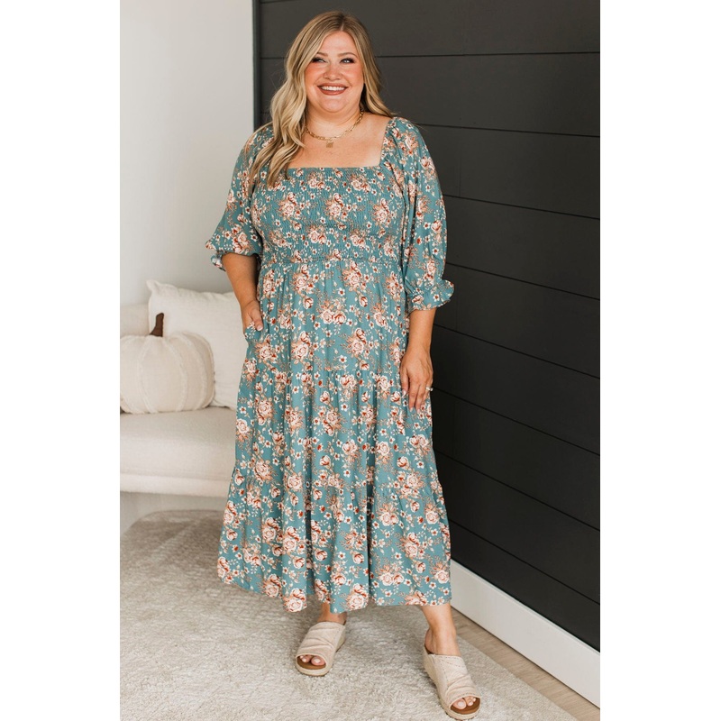 Romantic Spark Floral Midi Dress- Teal