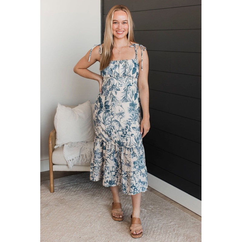 Feeling Worshiped Floral Maxi Dress- Ivory & Blue