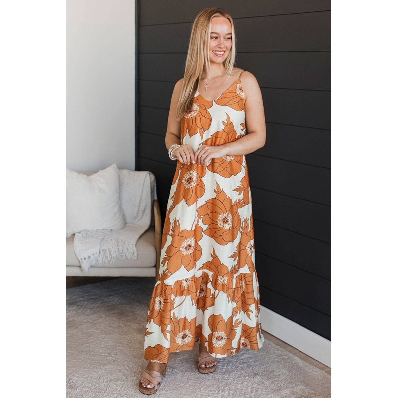 Moments Of The Heart Floral Maxi Dress- Burnt Orange