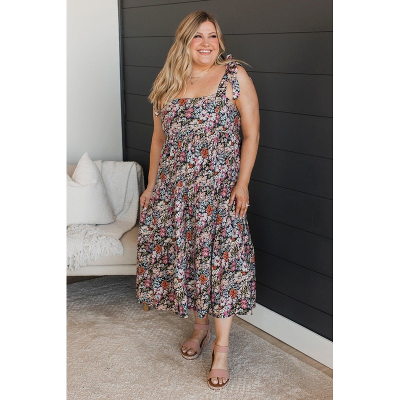 Prettiest Smiles Floral Midi Dress- Dark Navy