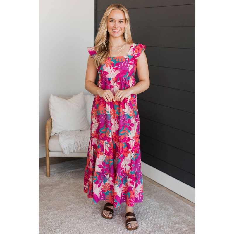 Twirl Around Floral Maxi Dress- Magenta & Coral