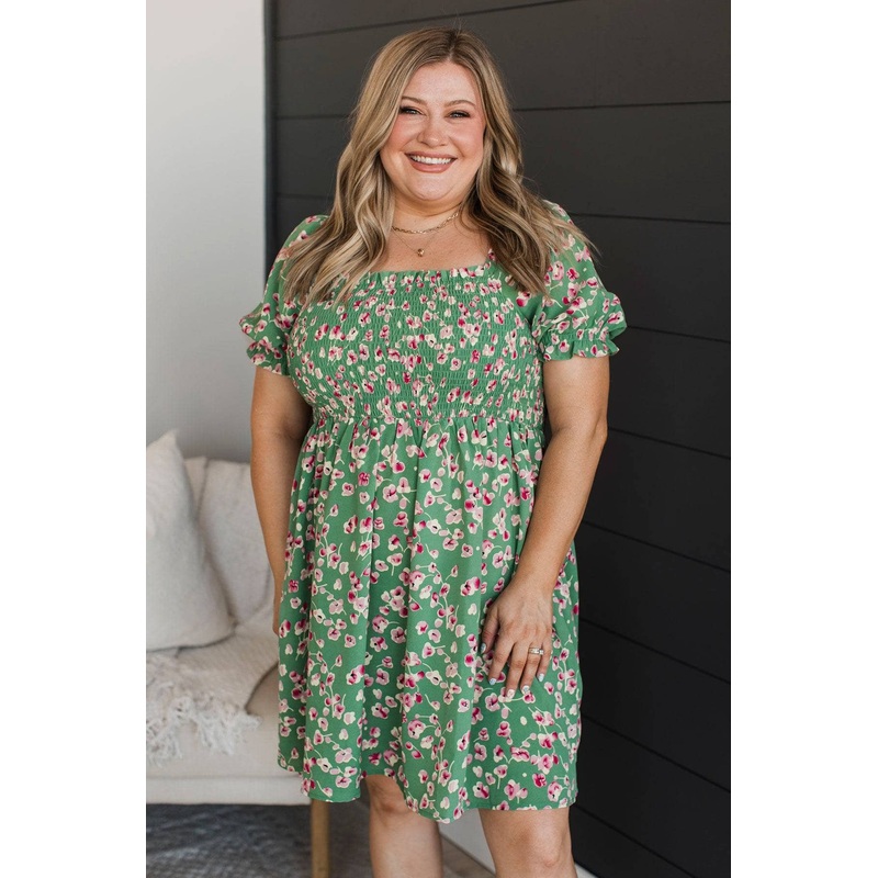 Whimsical Beginnings Floral Mini Dress- Sage